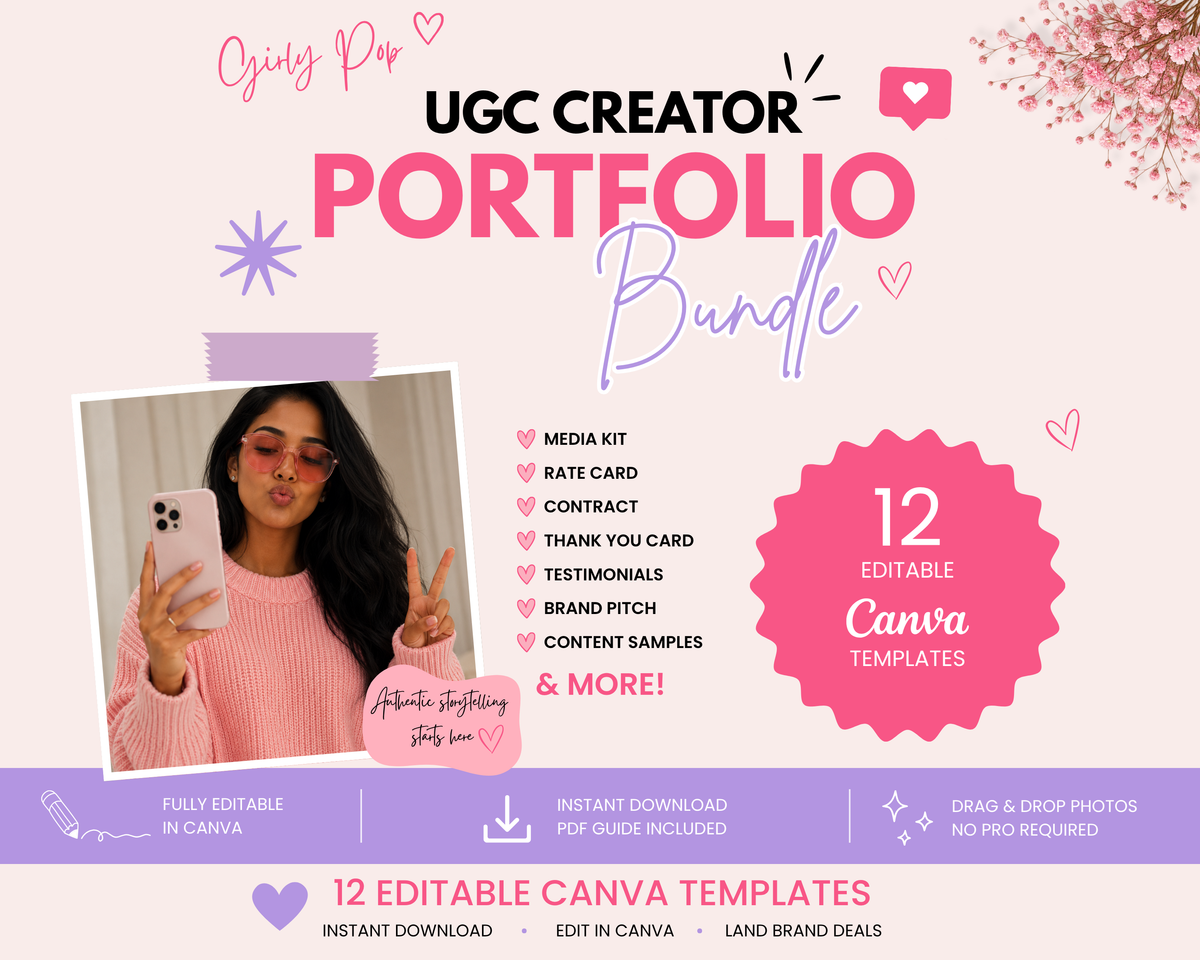 UGC Creator Portfolio Bundle | Editable Canva Media Kit, Rate Card, Contract (Digital Download)