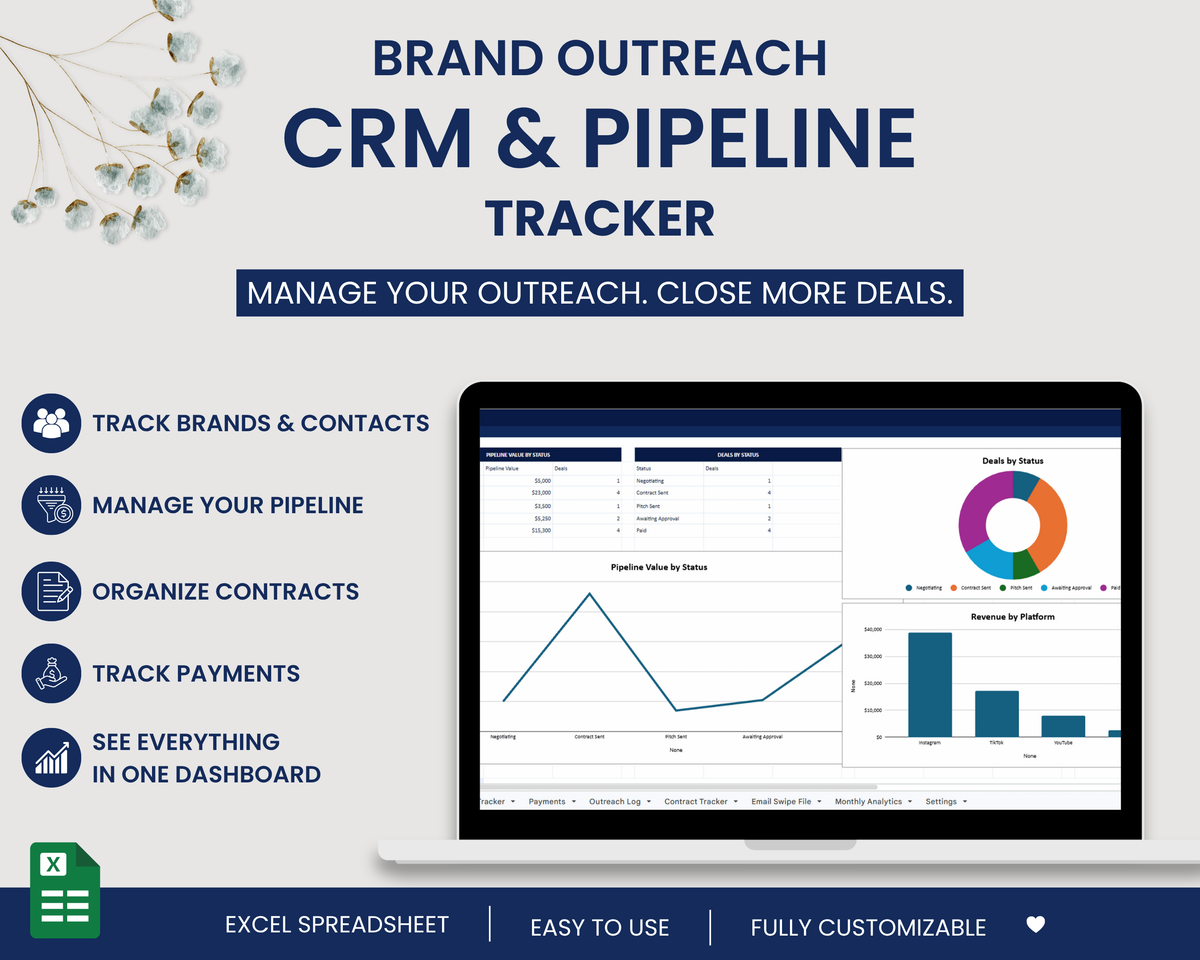 Brand Outreach CRM Spreadsheet | UGC Creator Tracker | Influencer CRM | Google Sheets & Excel Pipeline Dashboard Template