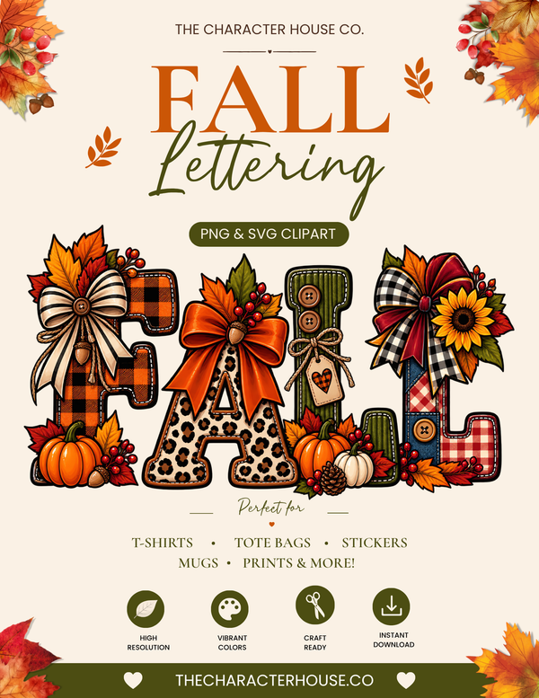 Fall Lettering PNG SVG Clipart | Autumn Alphabet Letters | Fall Sublimation Design | Pumpkin Bow Leaves | Cricut Cut File