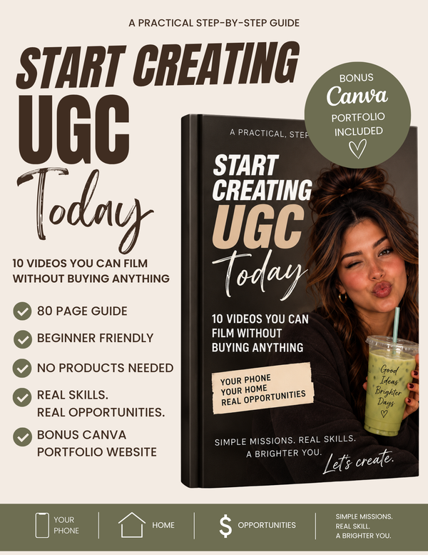 UGC eBook for Beginners | Content Creator Guide | 80-Page UGC Starter Kit + Free Canva Portfolio Website Template