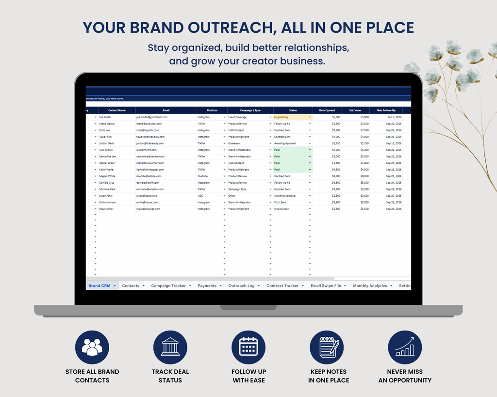 Brand Outreach CRM Spreadsheet | UGC Creator Tracker | Influencer CRM | Google Sheets & Excel Pipeline Dashboard Template