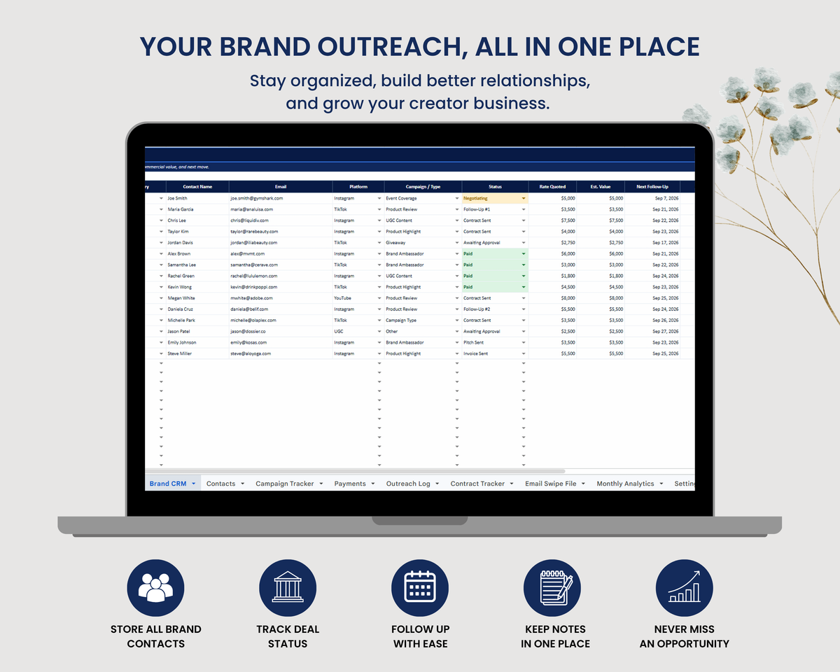 Brand Outreach CRM Spreadsheet | UGC Creator Tracker | Influencer CRM | Google Sheets & Excel Pipeline Dashboard Template