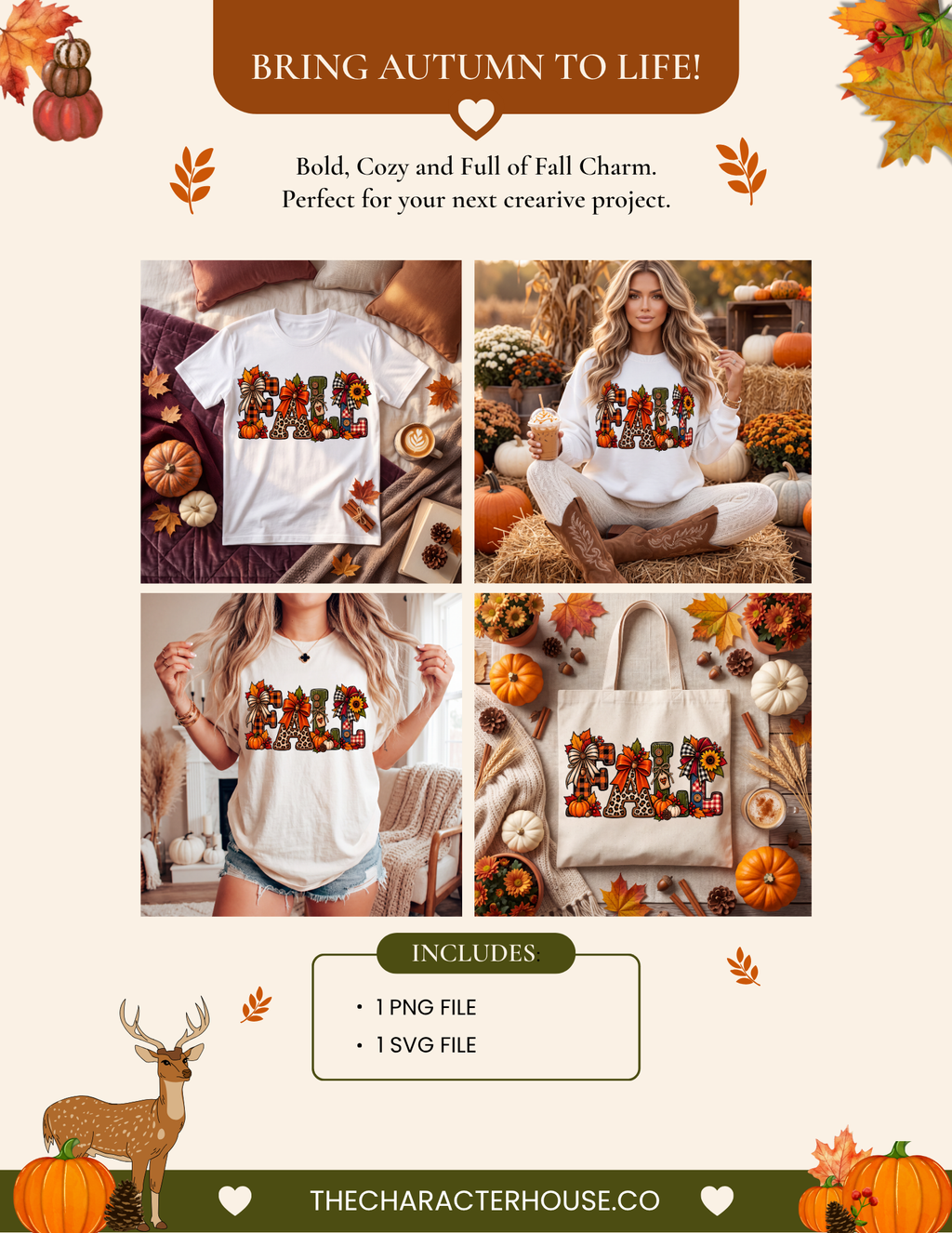 Fall Lettering PNG SVG Clipart | Autumn Alphabet Letters | Fall Sublimation Design | Pumpkin Bow Leaves | Cricut Cut File