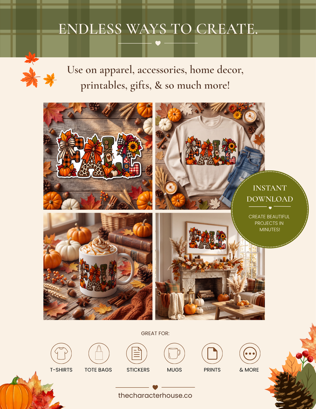 Fall Lettering PNG SVG Clipart | Autumn Alphabet Letters | Fall Sublimation Design | Pumpkin Bow Leaves | Cricut Cut File