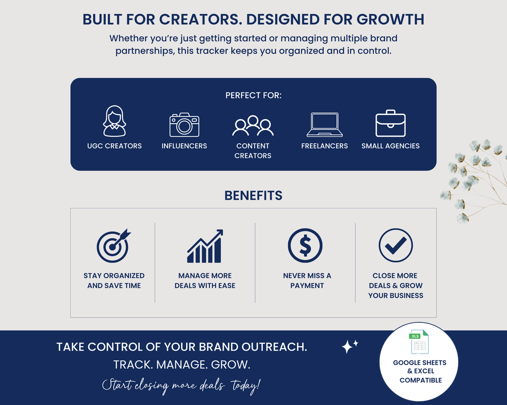 Brand Outreach CRM Spreadsheet | UGC Creator Tracker | Influencer CRM | Google Sheets & Excel Pipeline Dashboard Template