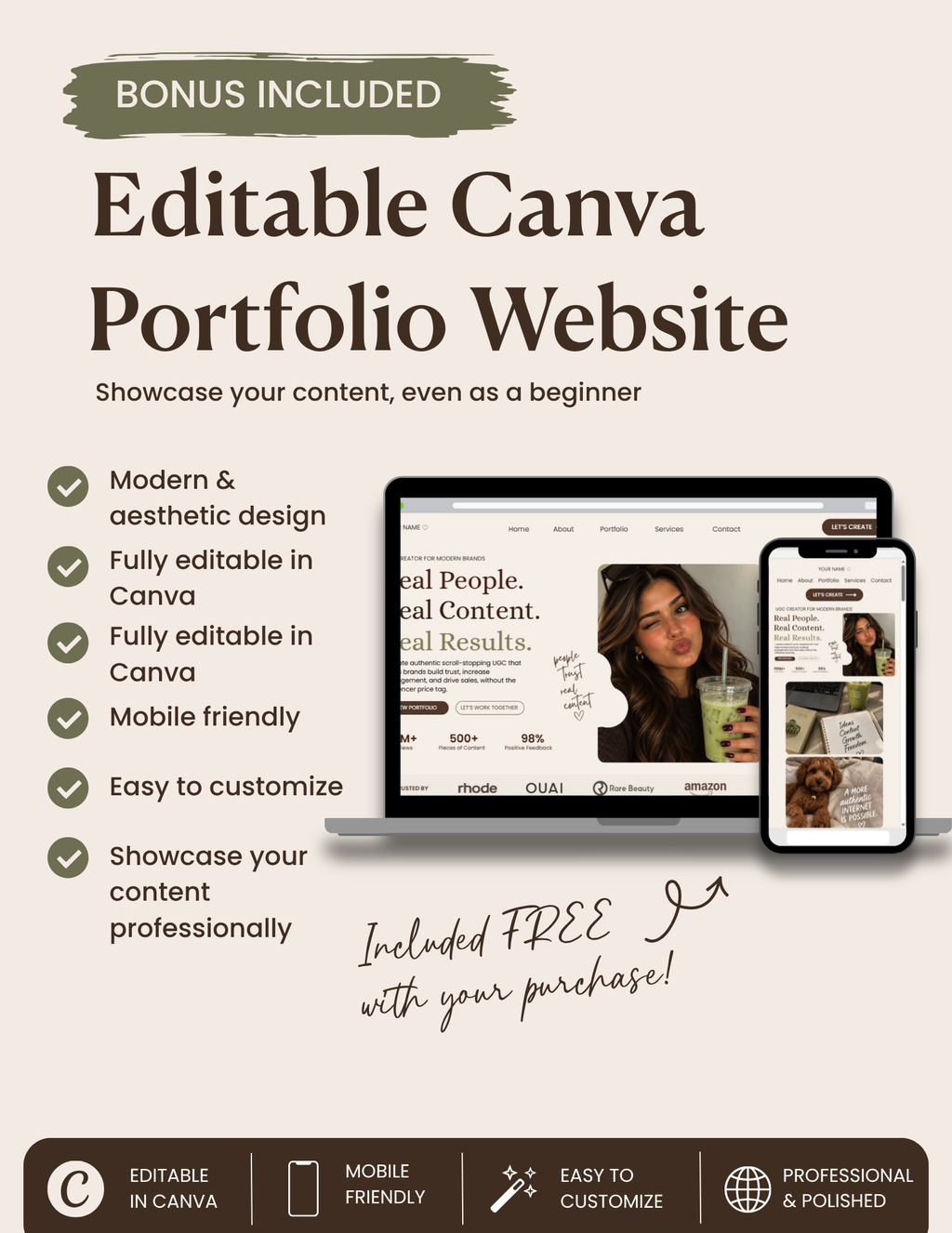 UGC eBook for Beginners | Content Creator Guide | 80-Page UGC Starter Kit + Free Canva Portfolio Website Template