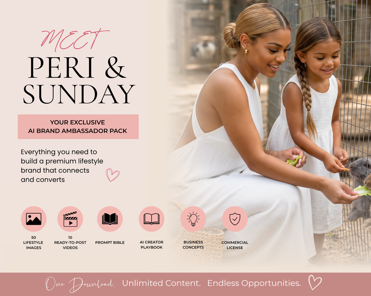 Peri & Sunday, AI Brand Ambassador Pack | 50 Lifestyle Images, 10 Videos