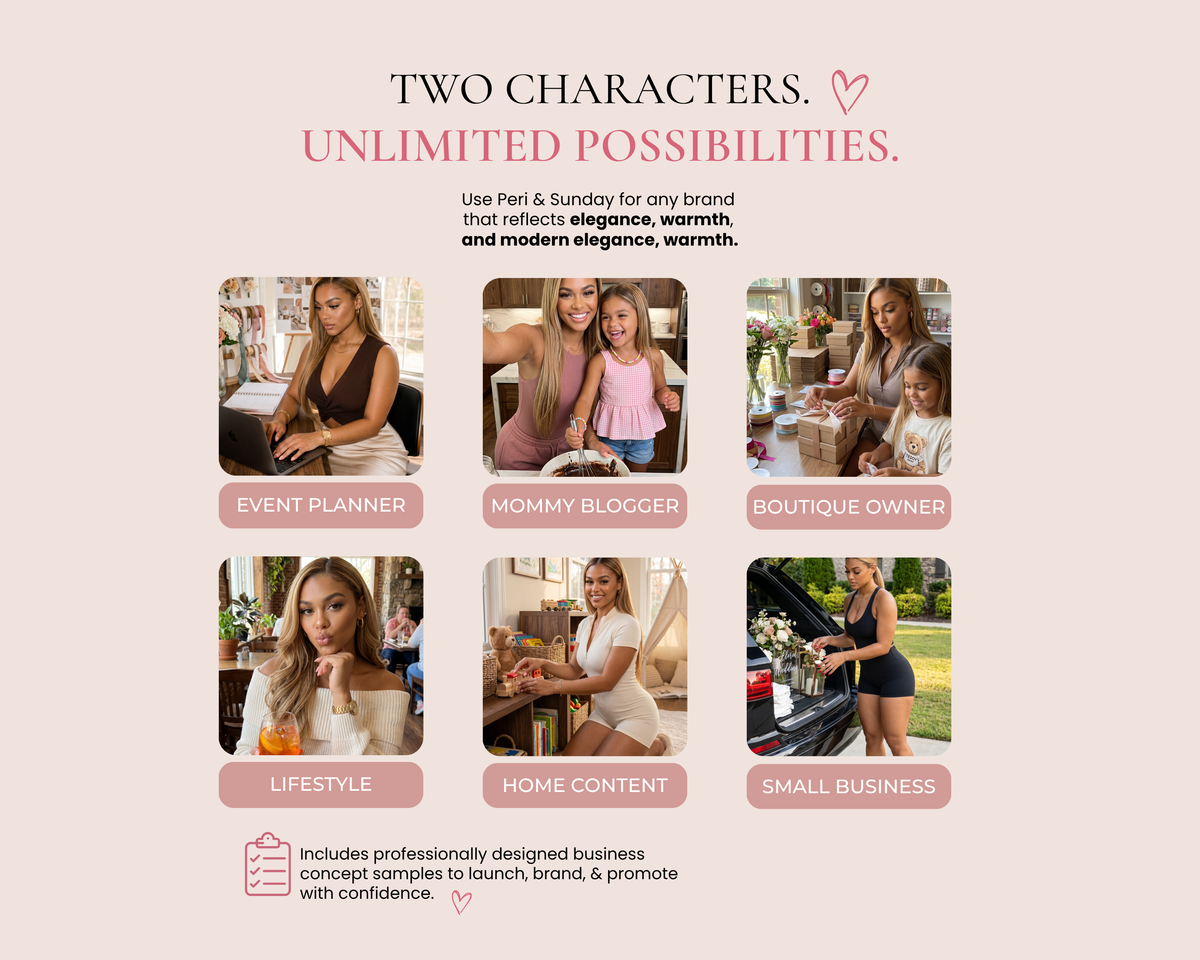 Peri & Sunday, AI Brand Ambassador Pack | 50 Lifestyle Images, 10 Videos