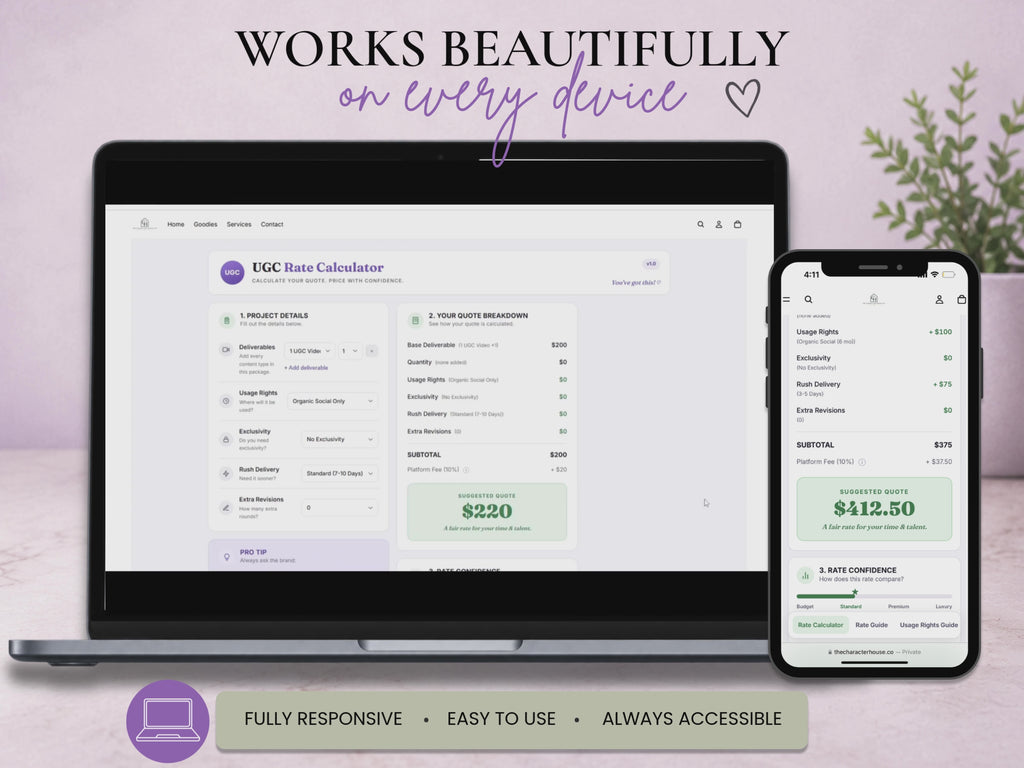 UGC Rate Calculator | Brand Deal Pricing Toolkit | Interactive HTML Quote Builder | Usage Rights & Exclusivity Pricing Guide