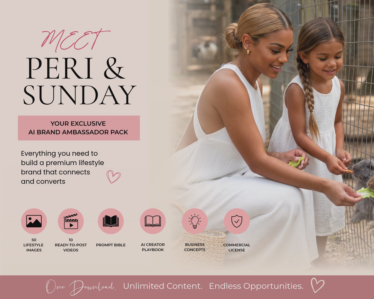 Peri & Sunday, AI Brand Ambassador Pack | 50 Lifestyle Images, 10 Videos